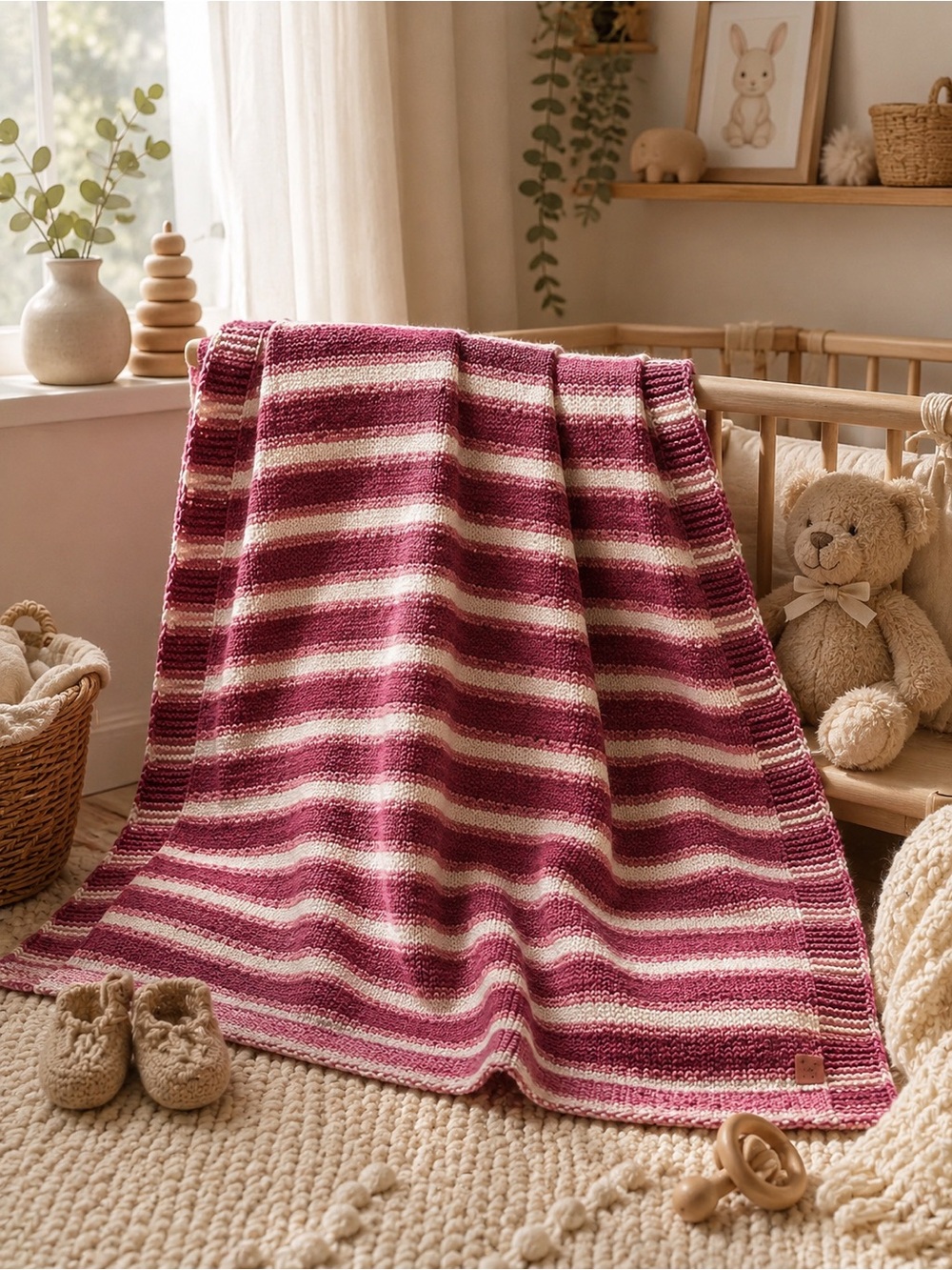 Merino wool striped Knit Baby Blanket - Pink & Cream